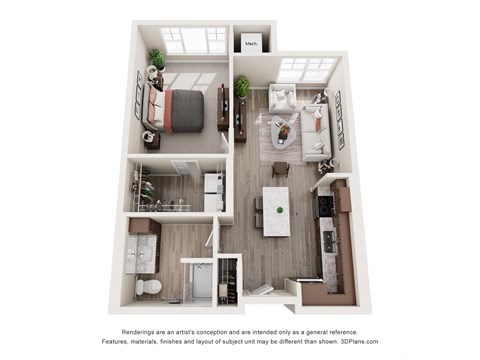 Floor plan for 1 bed, 1 bath, 728 sqft